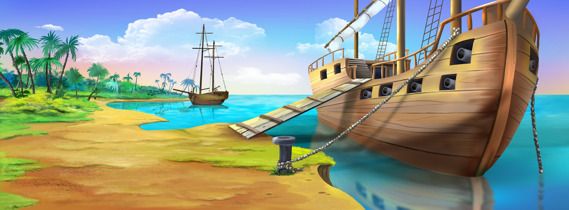 Onbewoond eiland met piratenschip
